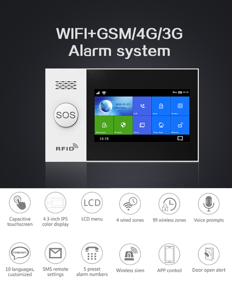 Full Touch Screen Wi-Fi+GSM/4G Home Burglar Alarm System Kit With A Variety Of Smart Accessories