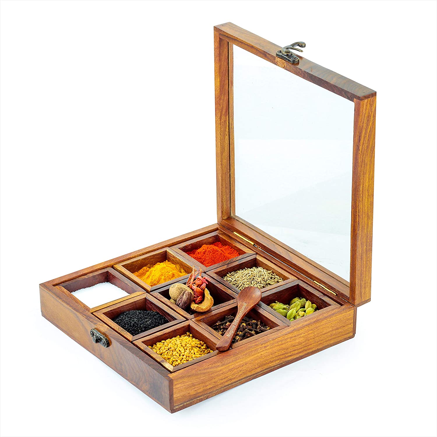 8" Wooden Handcrafted Multi-Compartment Square Storage Box | Kitchen Ware Jar Container Canister For Spices/Sugar/Tea/Dry Fruits