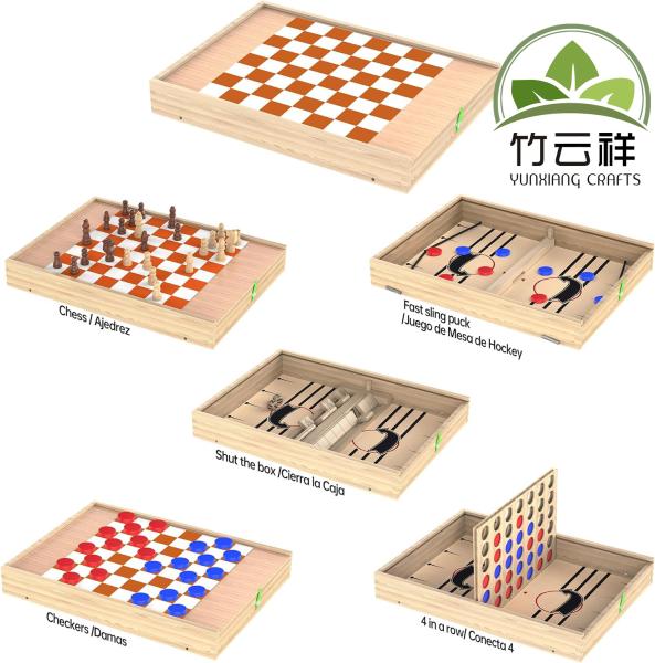 Buy cheap Wooden Board Game Set with Chess, Checkers, Shut The Box, Hockey Game Sling Puck, for Kids from wholesalers