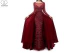 Wine Navy Blue Long Tail Gown , Heavy Beaded 2 In 1 Formal Ball Gowns Long