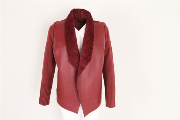 Buy cheap Fur Lining PU Splicing Ladies Sweater Cardigan Wine Color In Stock from wholesalers