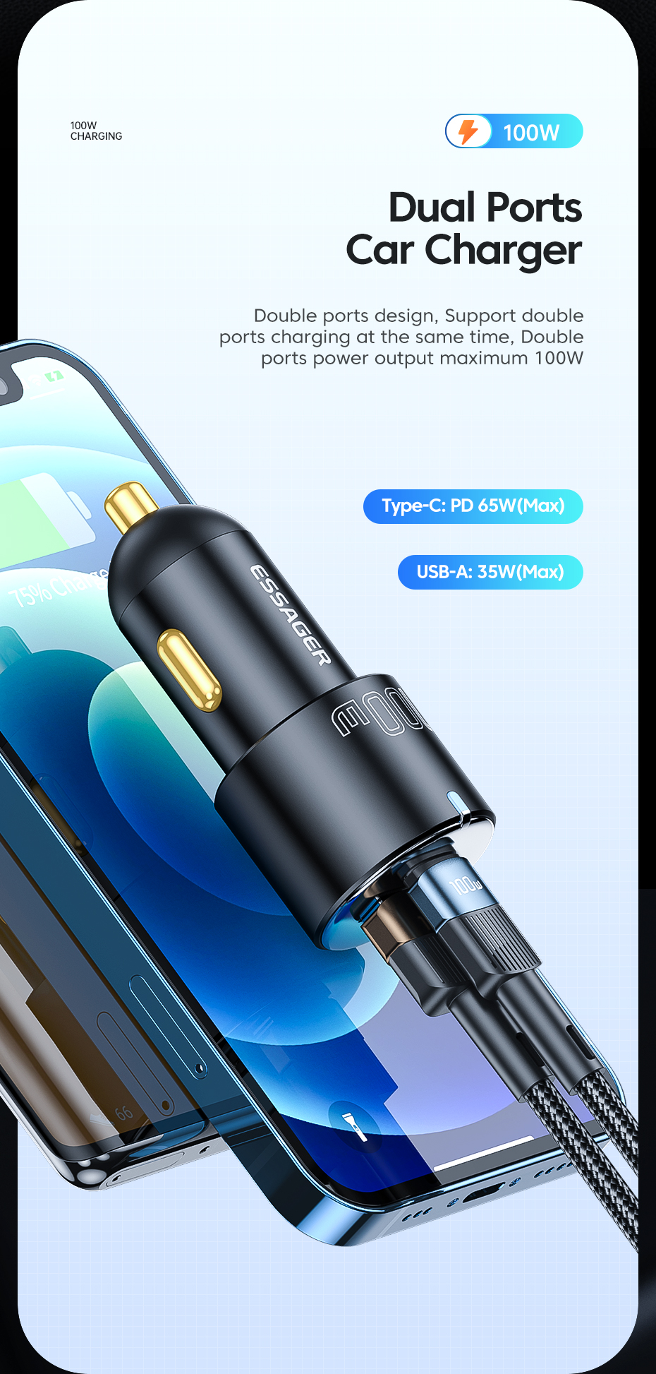 Type C USB A Car Chargers Black 60W 66W Essager 2022 City F699 F689 F688 F698