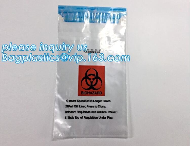 Medical packing k sealing plastic biohazard specimen bag customized pouch, Disposable plastic medical waste specim