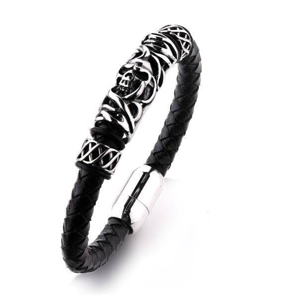Buy cheap Cheap price black plated the north skull metal charm black leather men skull bracelet for wholesale from wholesalers