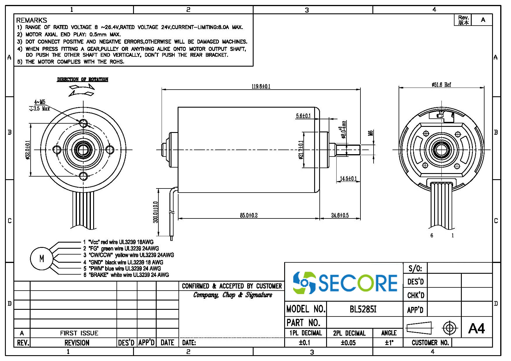 High Speed 9800rpm Electric Pump Motor 52mm CW CCW brushless