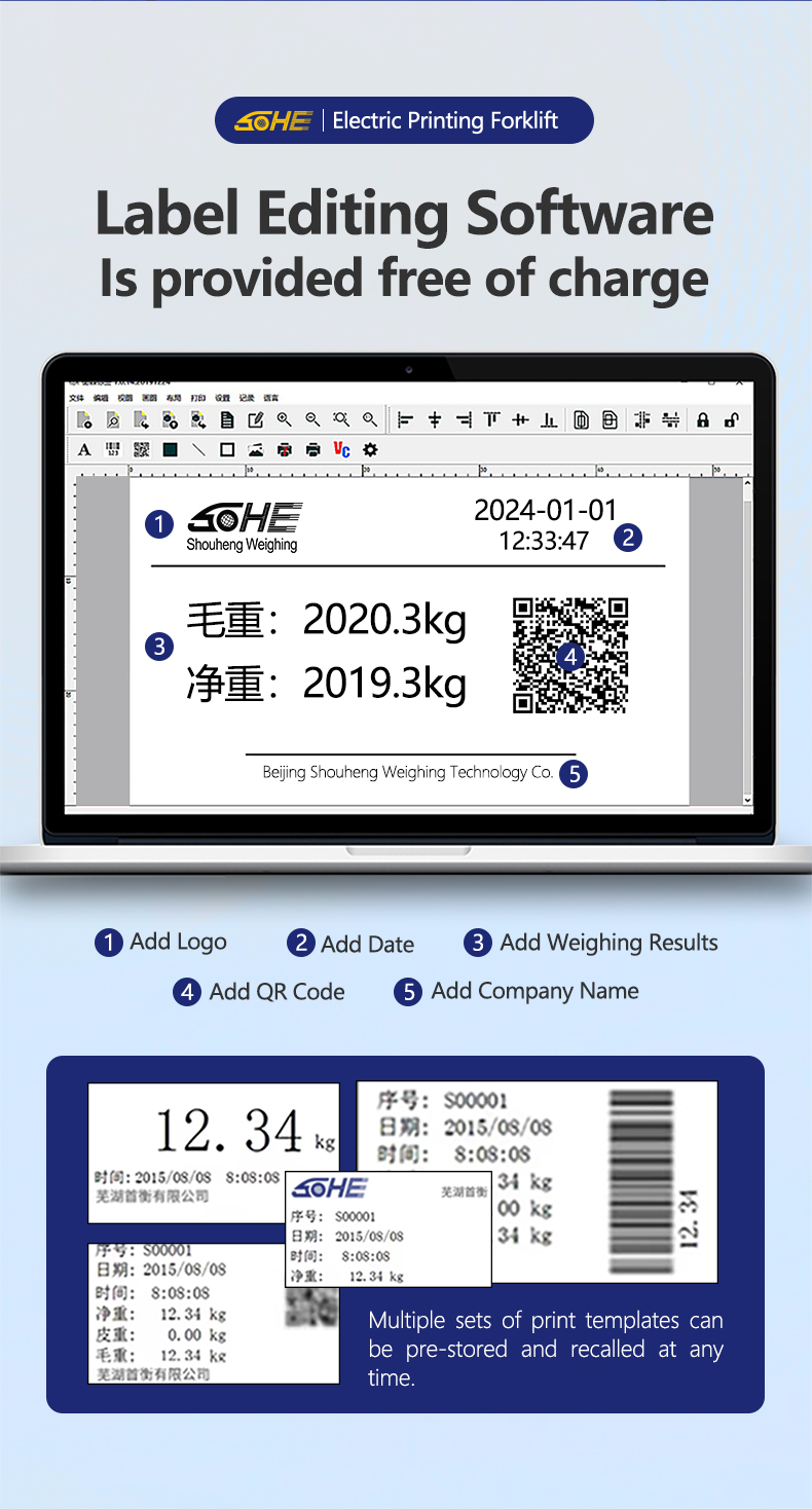 SOHE 1-3t Electric Pallet Truck with Scale and Label Printing ODM LED Display