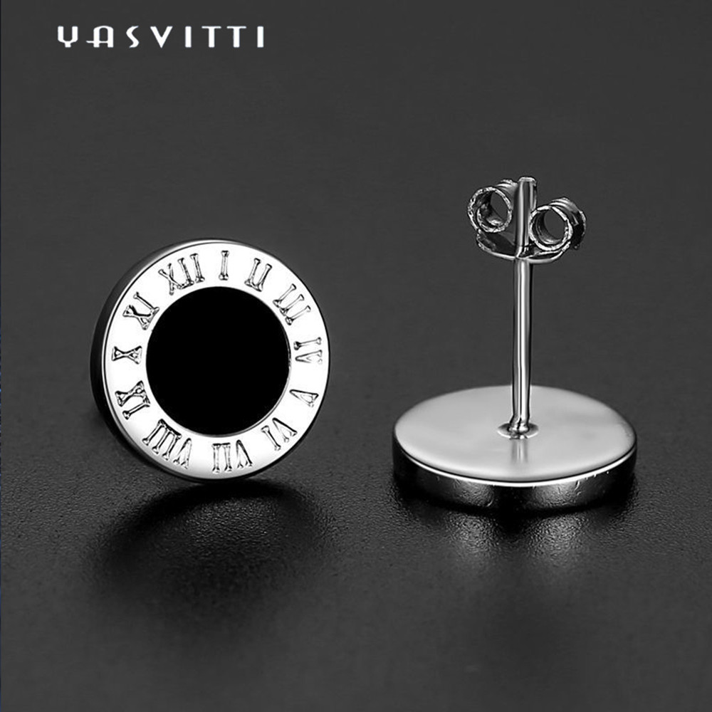 Stainless Steel Round Black Enameled Roman Numbers Stud Earrings
