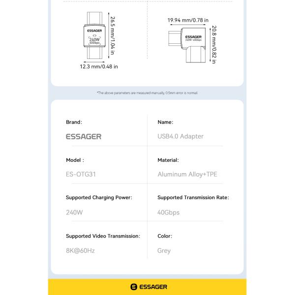USB 4.0 C to C OTG Adapter 40Gbps 240W Fast Charging 8K 60Hz