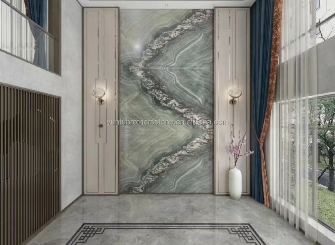 Modern Hotel Dining Table with Polished Green Marble Surface and Custom Graphic Design