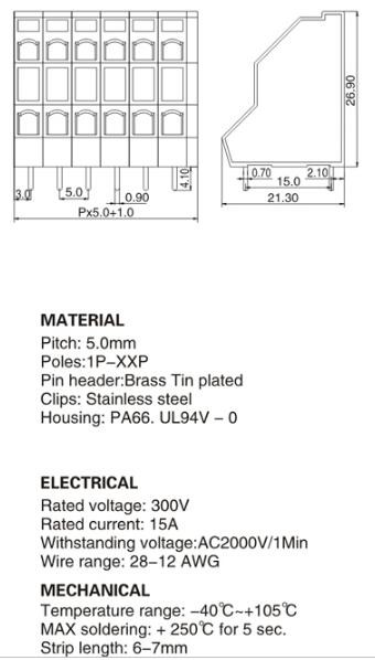 WTM736-5.0 pcb spring type terminal block, spacing 5.0mm, factory direct sales