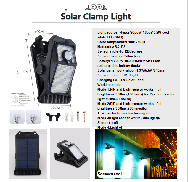 IP65 Garden Solar Sensor Light 45 LED Solar Clamp Light USB Style for Hotel Sale