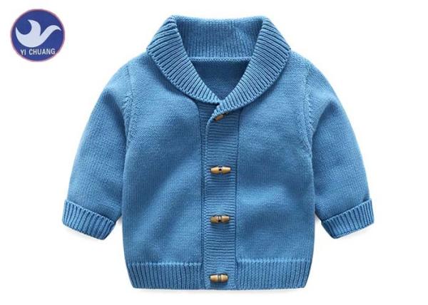 Buy cheap Soft Shawl Collar Kids Knitted Cardigan , Boys Blue Cardigan Sweater Fake Horn Wood Button from wholesalers
