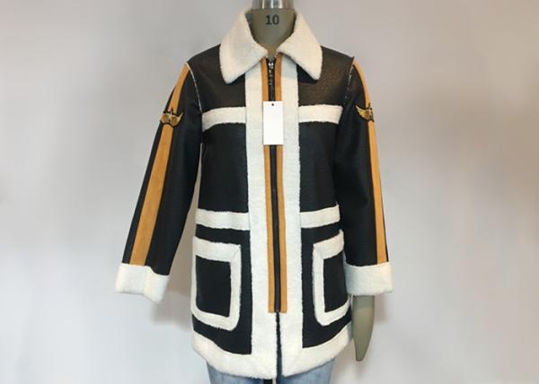 Black PU White Shearling Polyester Coat Warm Contrast Pleather Jacket With