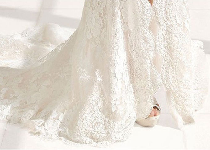 Deep V Neck Long Sleeve Lace Mermaid Wedding Fishtail High Slit Buttons Back