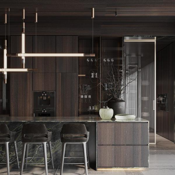 Buy cheap Luxury Home Furniture Modular Walnut Wood Veneer Matt Black Color Glass Door Kitchen Cabinet Modern Design from wholesalers