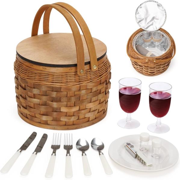 Quality Small Picnic Baskets with Insulated Cooler, Picnic Basket Hamper for 2, Woodchip Wicker Basket, Including 2 Sets for sale