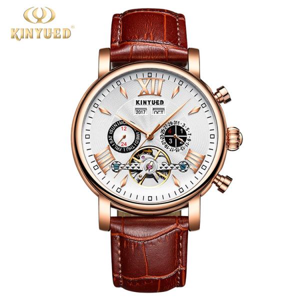 Buy cheap KINYUED oem waterproof custom logo leather fashion tourbillon skeleton wrist watch luxury automatic watches from wholesalers