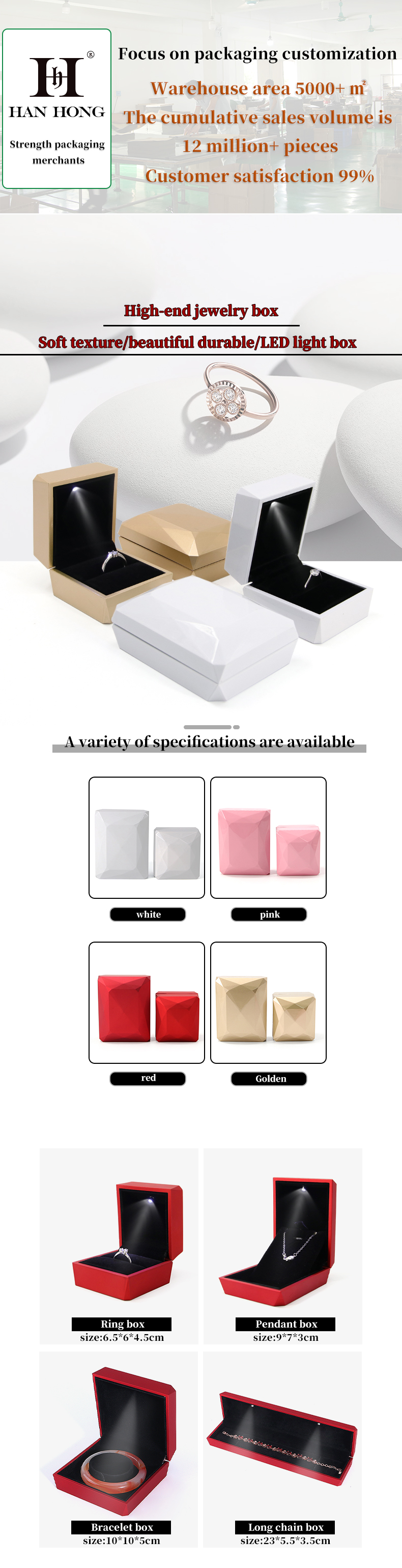 Custom Logo PU Plastic Jewelry Packaging Box with LED Light Hanhong Luxury Ring Box