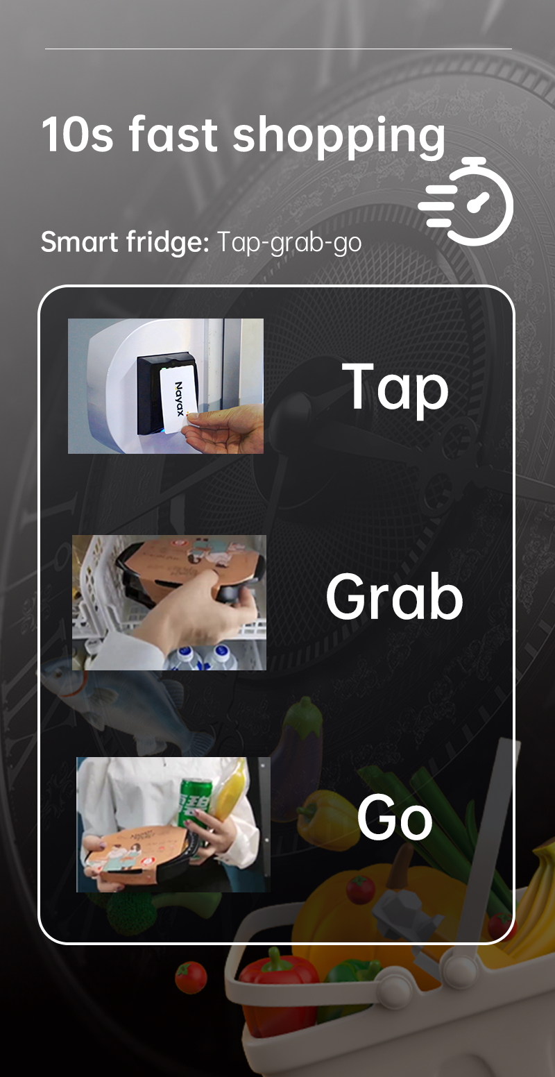 Fast shopping flow 1. Tap card to open the door 2. Grab any product you want 3. Close the door, machine will detect which product was taken and deduct the payment from card