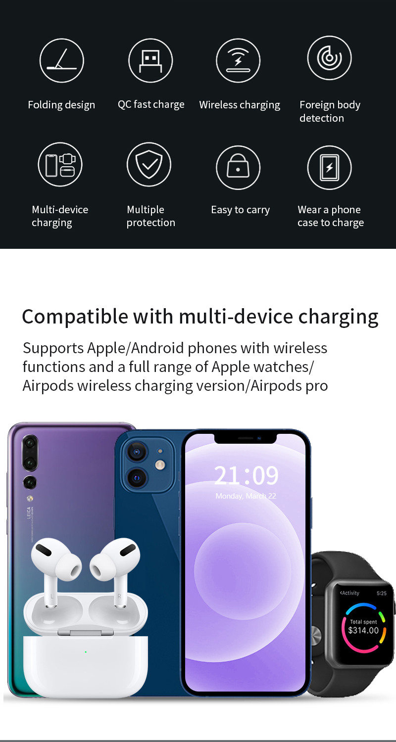 3 In 1 Can Foldable Fast Wireless Charger Customized Logo For Phone Earphone IWatch
