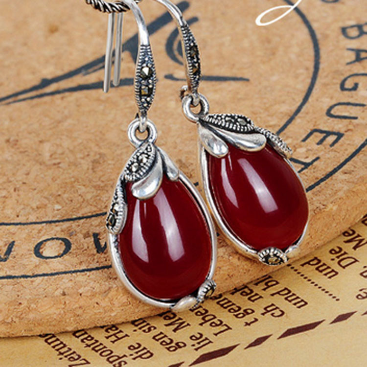 Retro Jewelry Thailand Silver with Marcasite and Red Agate Earrings (JA1750RED)