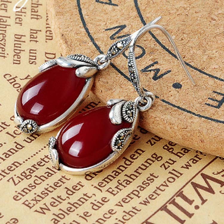 Retro Jewelry Thailand Silver with Marcasite and Red Agate Earrings (JA1750RED)