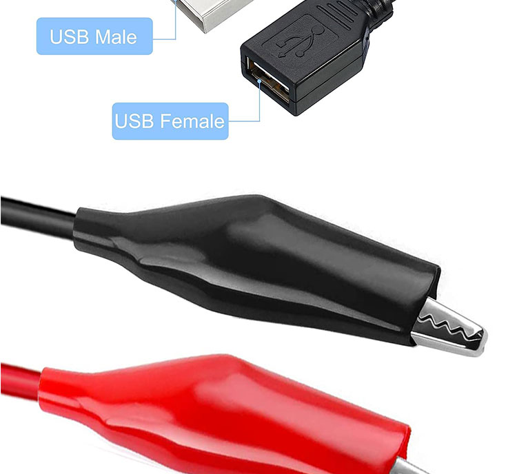 Male Female USB Connector to Dual Copper Crocodile Clamps Alligator Clips Test Leads Wire Adapter Cable for Electrical Circuit