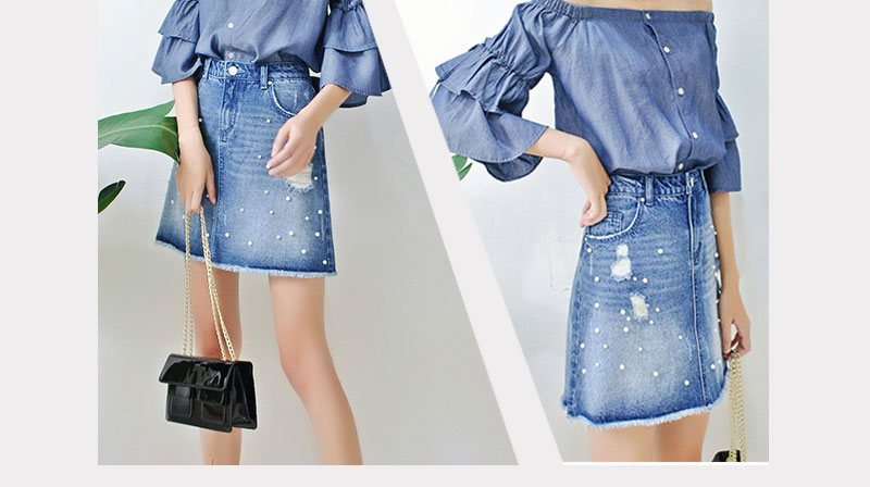 Women A Line Denim Mini Skirt With Pearls , Summer Short Jean Skirt for Ladies
