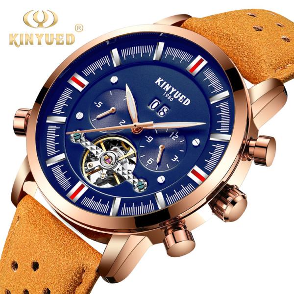 Buy cheap KINYUED J019-6 Tourbillon automatic mechanical genuine leather business waterproof men watches from wholesalers