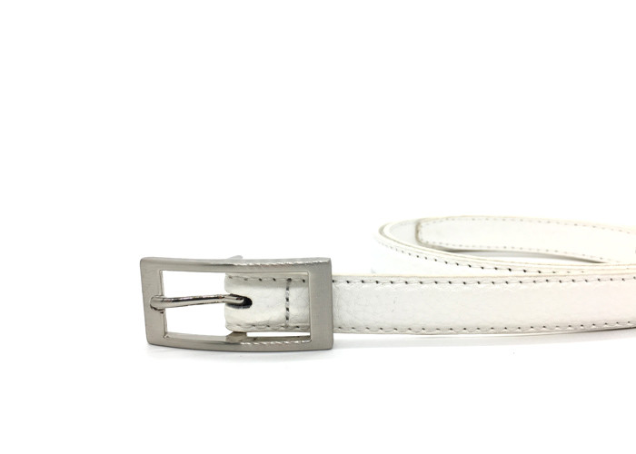 Womens Faux Leather Skinny Belts White Color For Dresses Rectangular Metal Pin Buckle