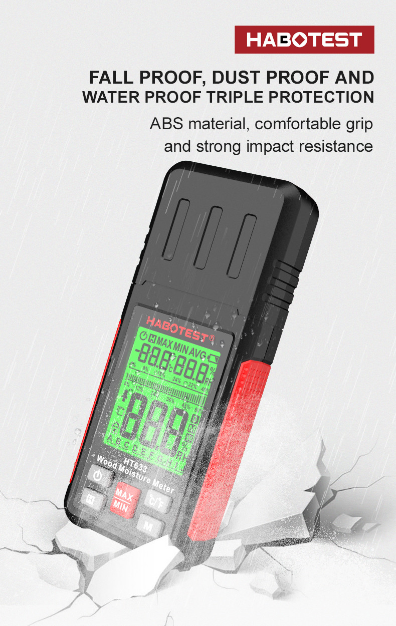 HT633 Wood Moisture Meter Pin Type Digital Moisture Detector Ambient Temperature Humidity with LCD Backlight Display