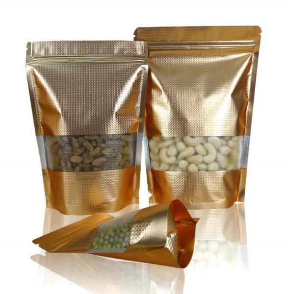 Buy cheap ROHS Gold Mylar Stand Up Bags With Line Clear Window from wholesalers