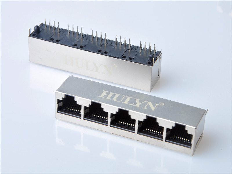 HULYN Very low profile, Shielded RJ45 Modular Jack Connector, Through Hole Type, Top Entry, 1x5 Ports