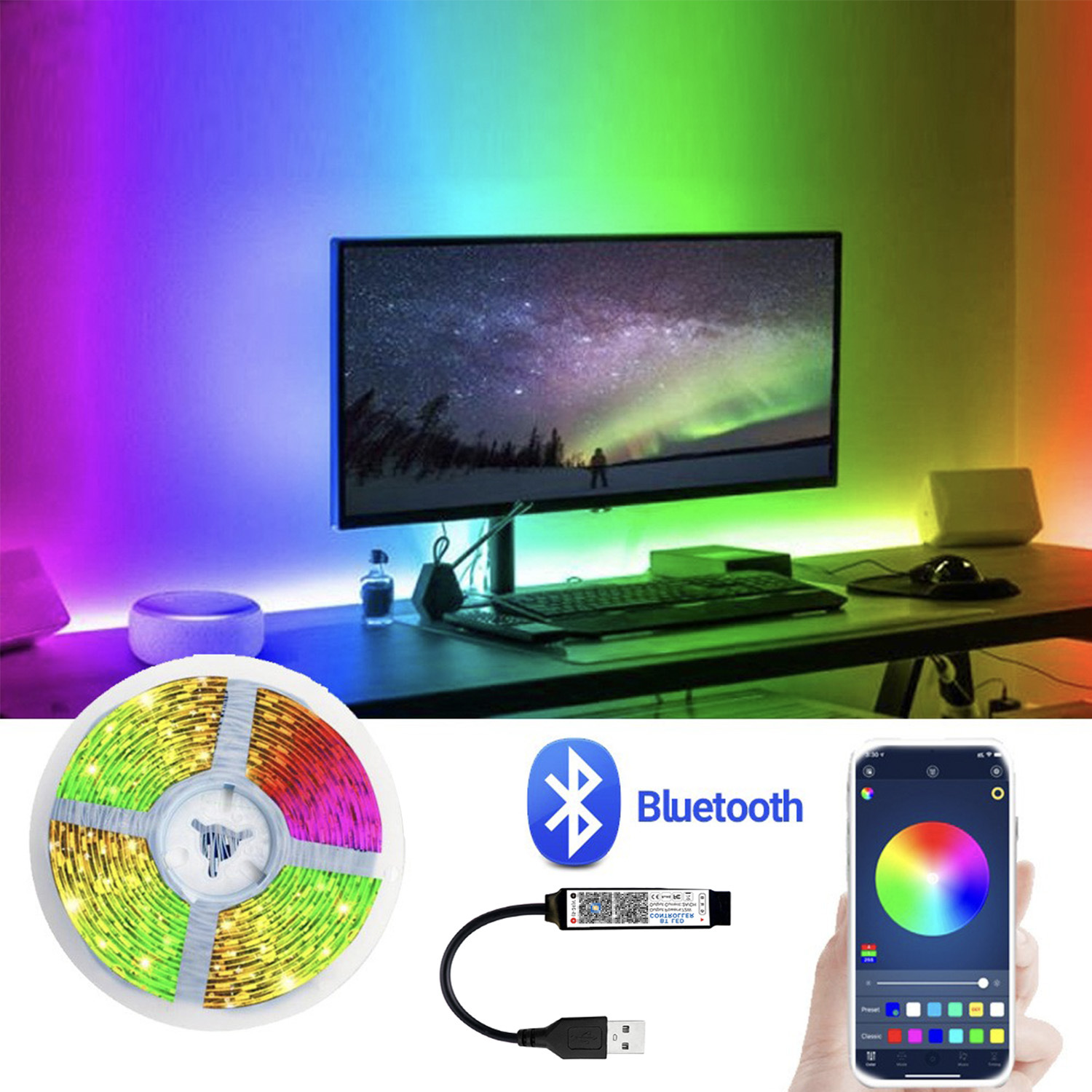 5V RGB SMD 5050 LED Strip Light Set With 24keys Bluetooth Create A Stunning TV Display