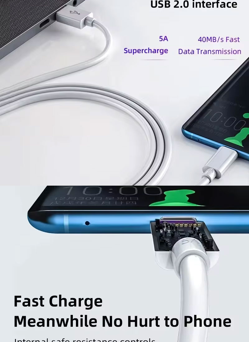 High Quality 1M 2M 5A Fast Charging USB to Type C Data Charger Cable for Huawei Android Phone
