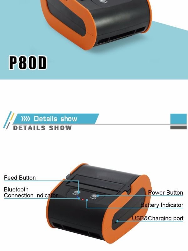 Portable Wireless BT 80mm Thermal Barcode Printer with Rechargeable Battery Display Screen USB Cable for Android iOS Win