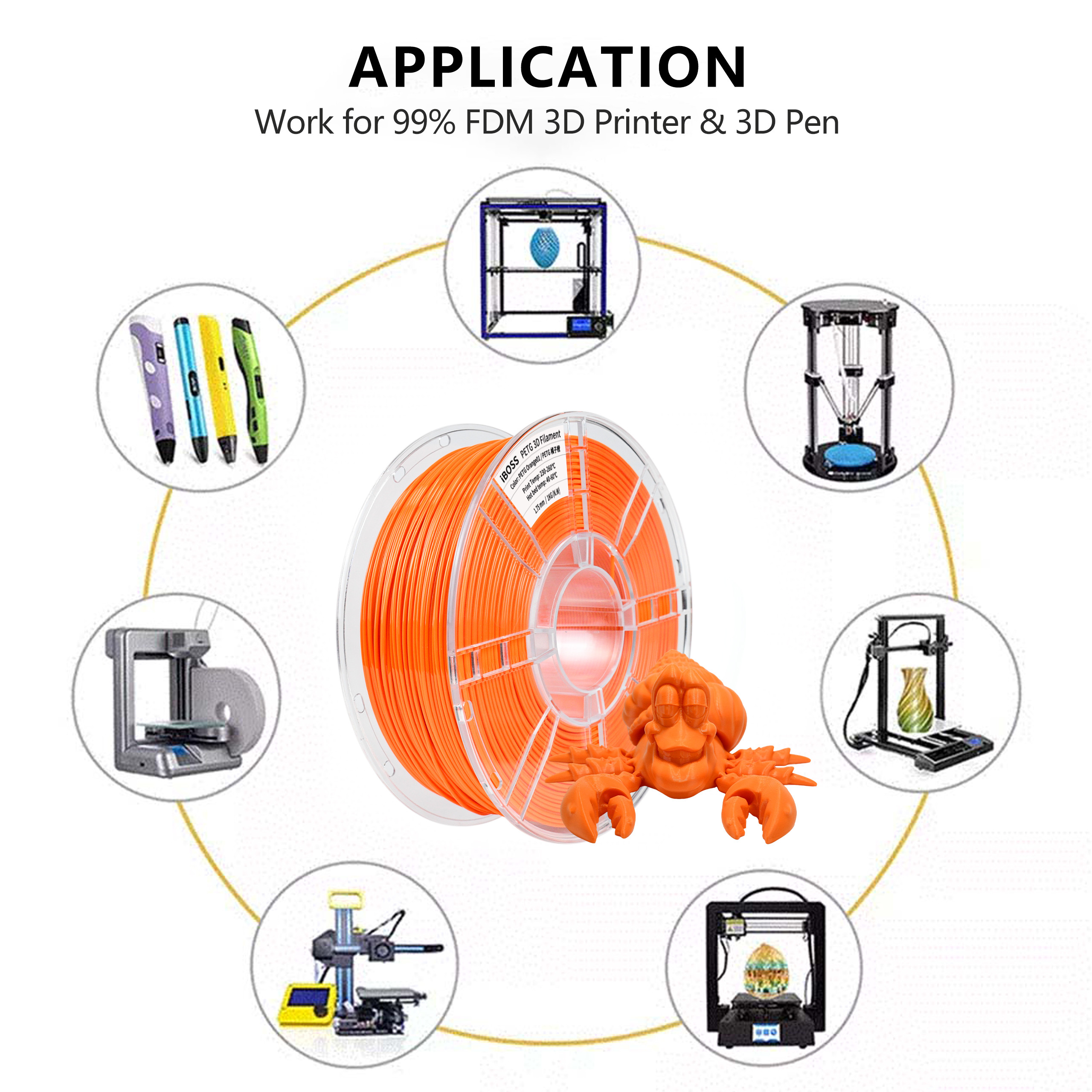 iBOSS 1.75mm PETG Filament Orange 3D Printing Filament Toughness Enhanced 3D Printer 1KG