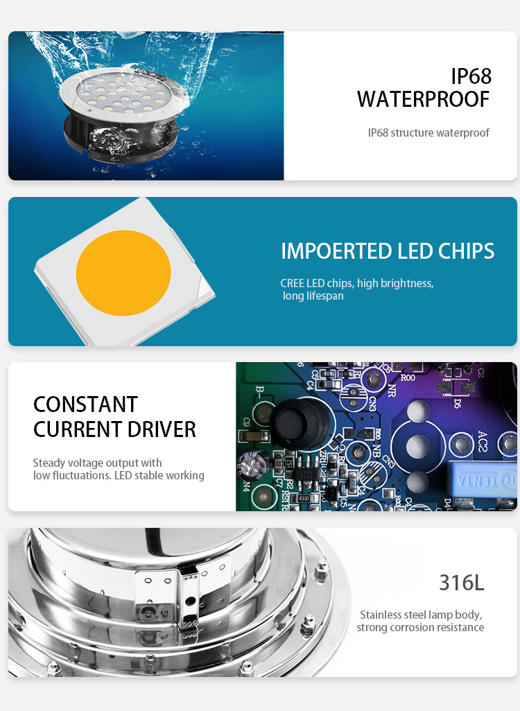 IP68 Waterproof 24V 24W Underwater LED Spotlights,316L Stainless Steel Underwater Pool Light