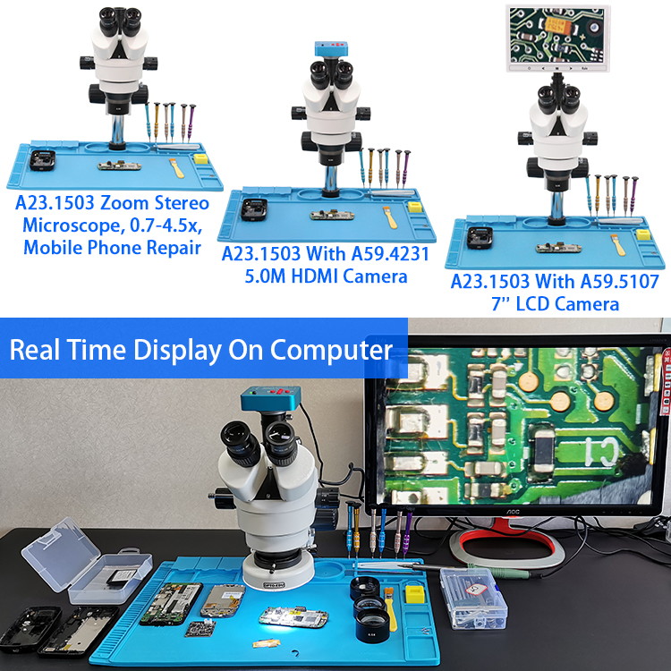 A23.1503 Zoom Stereo Microscope 0.7-4.5x Mobile Phone Repair Can Up To 3.5x-180x