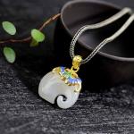 Gold Plated 925 Silver Enamel White Jade Elephant Pendant Necklace Silver Wheat