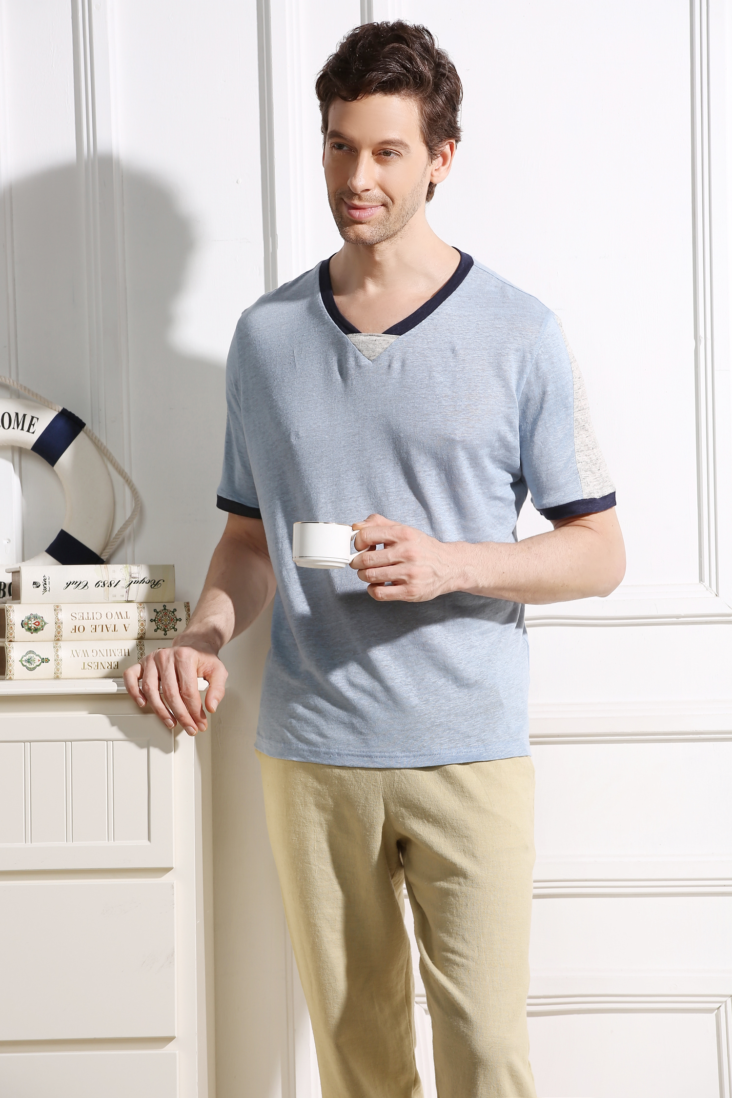45% Cotton 55% Hemp Material Red And White Striped T Shirt Mens Casual Style