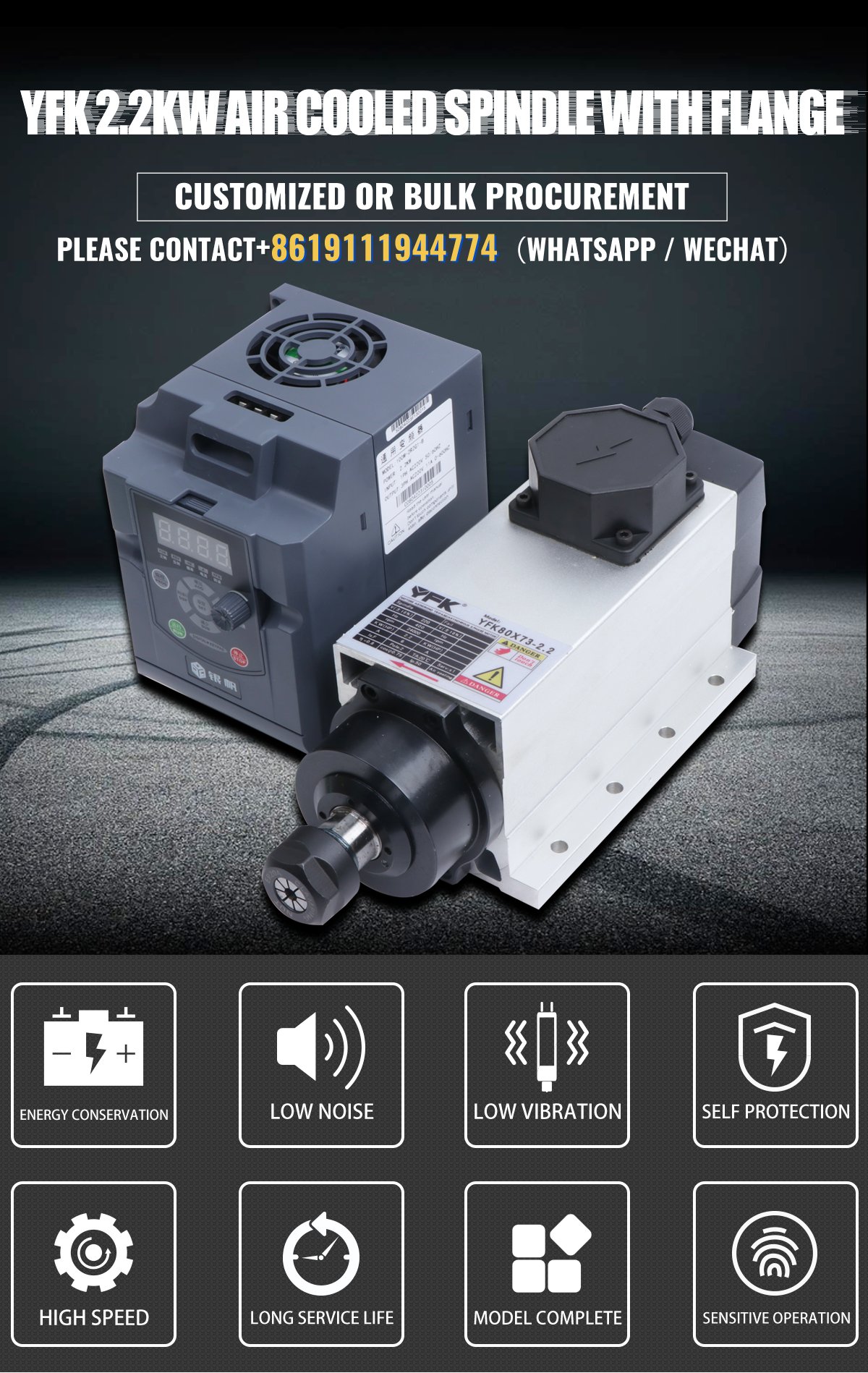 Yfk 2.2KW Square Spindle Motor With Flange Air Cooled Milling Wood Lathe With ER20 Chunk