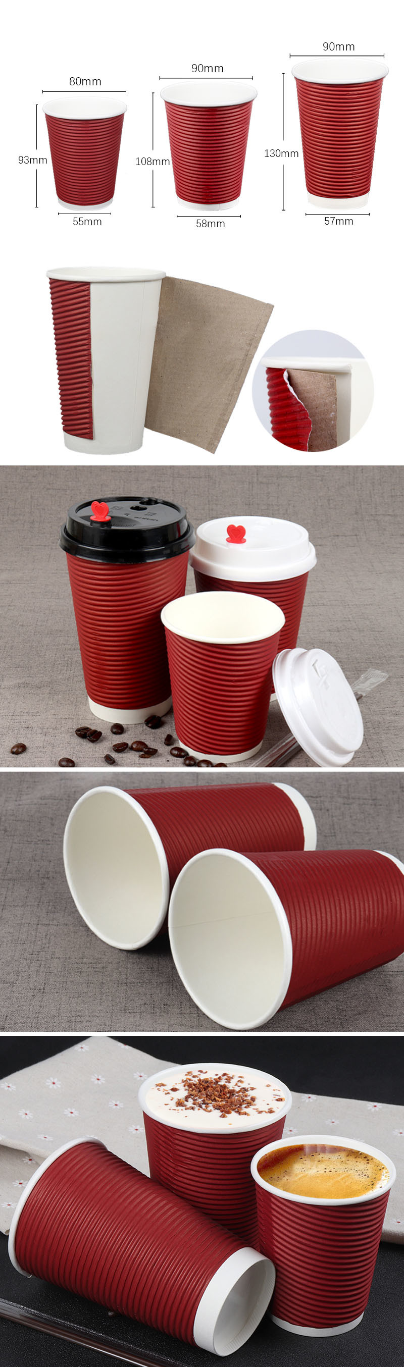 Compostable Red Coffee Disposable Paper Cusp With Lid For Hot Beverages