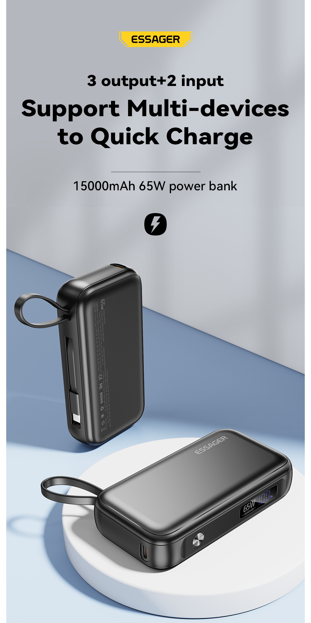 LED Digital Display PD 65W Cell Phone Power Bank 15000mAh Fast Battery Storage