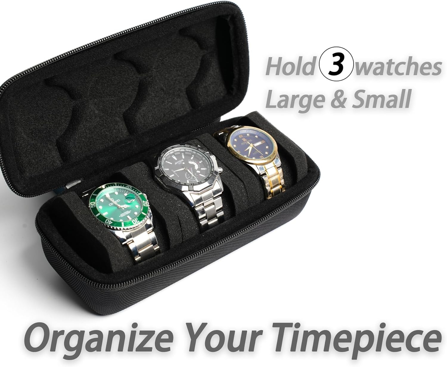 3 watch travel case roll, Hard watch carry case roll display storage holder box with soft foam pillows snug fit all size