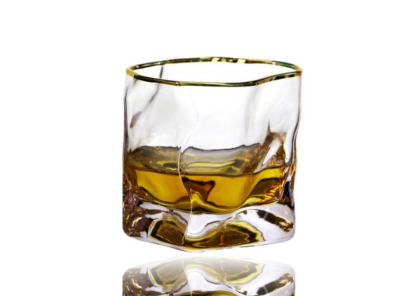 Quality Golden Rim Hand Blown 95mm 7 Oz Twist Whiskey Glasses Irregular Shape, Lead Free Crystal Whiskey Glasses for sale