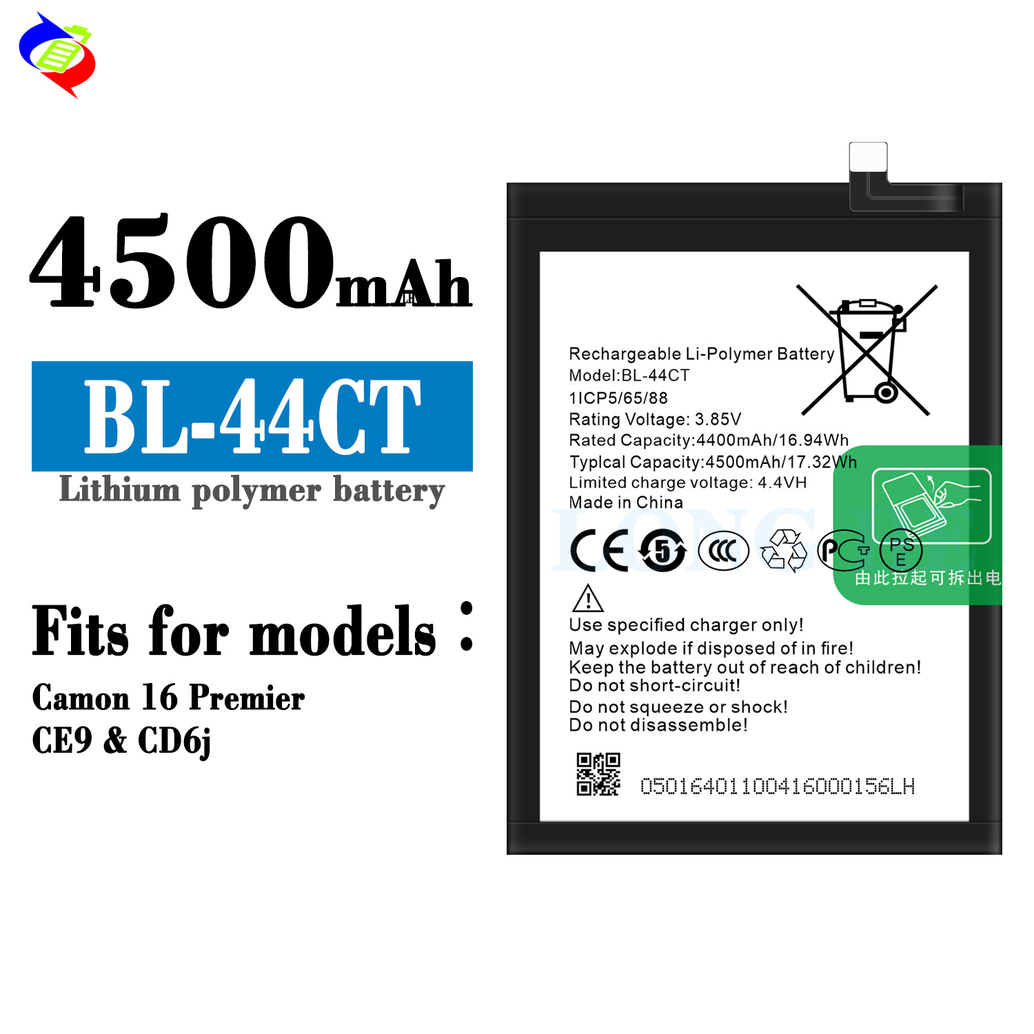 Rechargeable Silver BL-44CT Battery for Tecno Camon 16 Premier/CE9 Phone 4500mAh