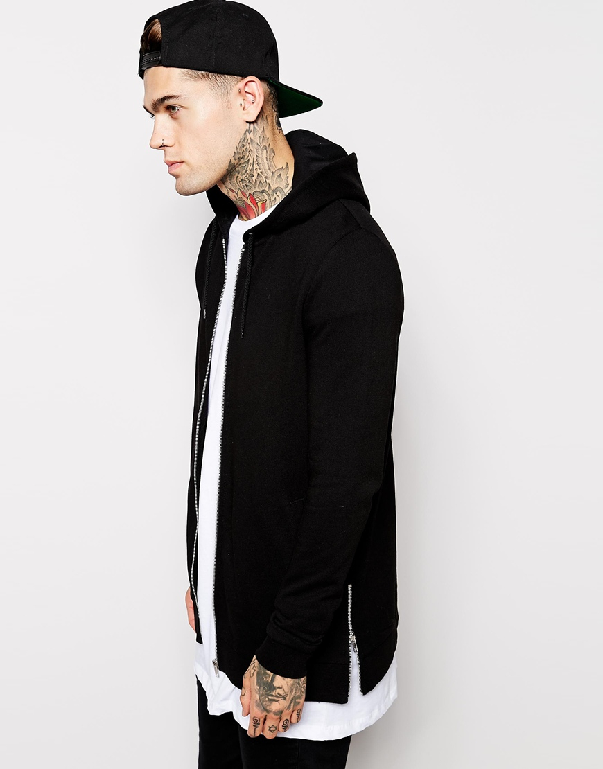 High quality american size black cotton french terry fashion long side zipper sweater for men