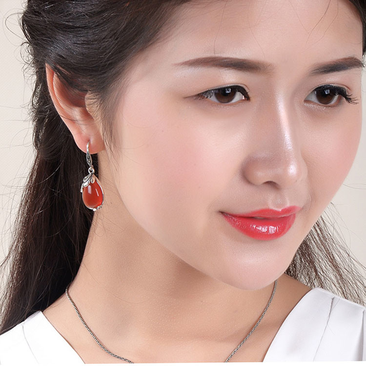 Retro Jewelry Thailand Silver with Marcasite and Red Agate Earrings (JA1750RED)