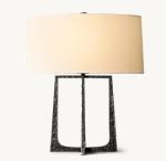 Hammered Iron Base Farmhouse Style Wood LED Table Lamps With White Oval Linen